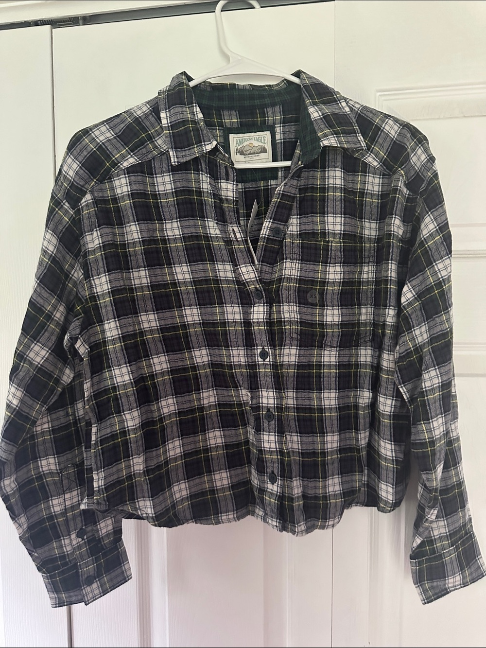 American Eagle Outfitters Black, White & Green Plaid Button-Down Shirt